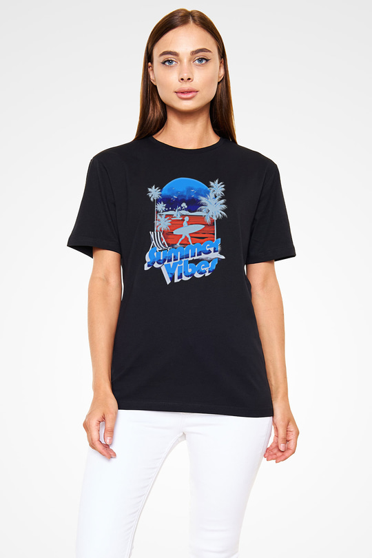 Sörf - Surfing Baskılı Unisex Siyah Tişört - Tshirt