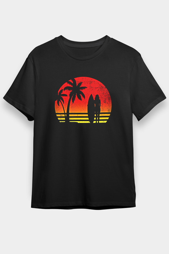 Sörf - Surfing Baskılı Unisex Siyah Tişört - Tshirt