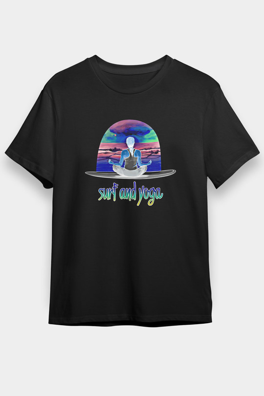 Sörf - Surfing Baskılı Unisex Siyah Tişört - Tshirt