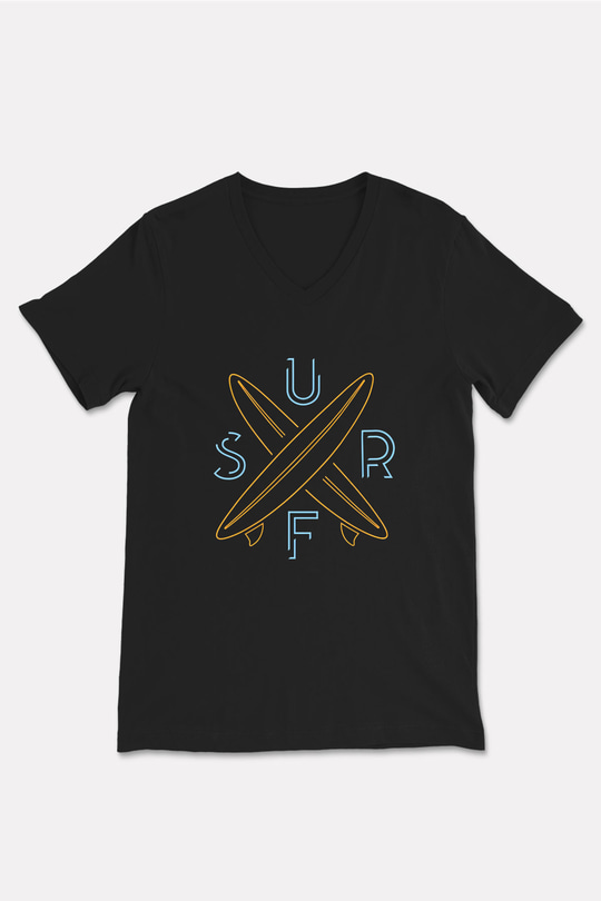 Sörf - Surfing Baskılı Unisex Siyah V Yaka Tişört