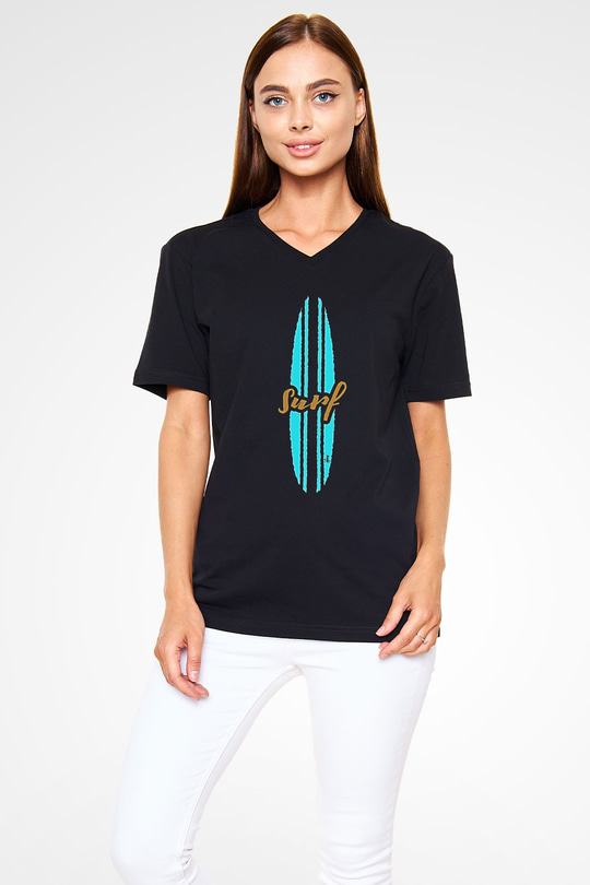 Sörf - Surfing Baskılı Unisex Siyah V Yaka Tişört