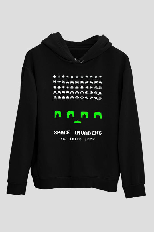 Space Invaders Siyah Unisex Hoodie