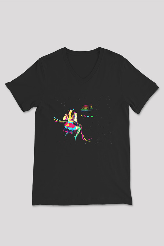Space Invaders Siyah Unisex V Yaka Tişört