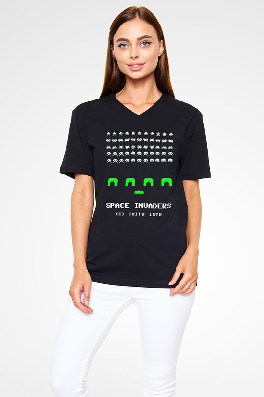 Space Invaders Siyah Unisex  V Yaka Tişört