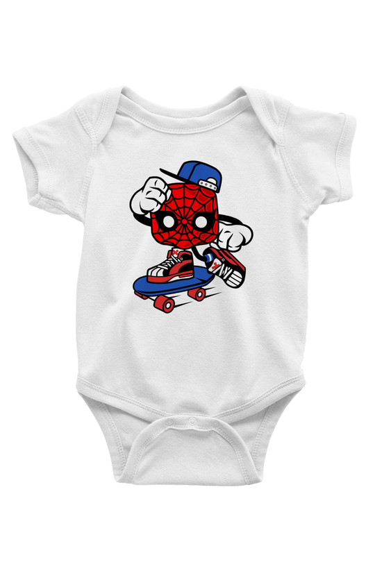 Spider Skater Baskılı Beyaz Unisex Bebek Body - Zıbın