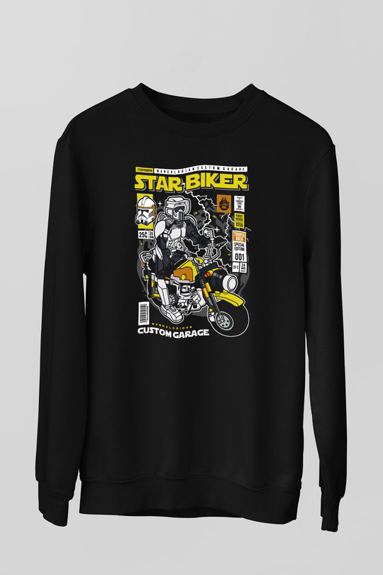 Star Biker Baskılı Unisex Siyah Sweatshirt