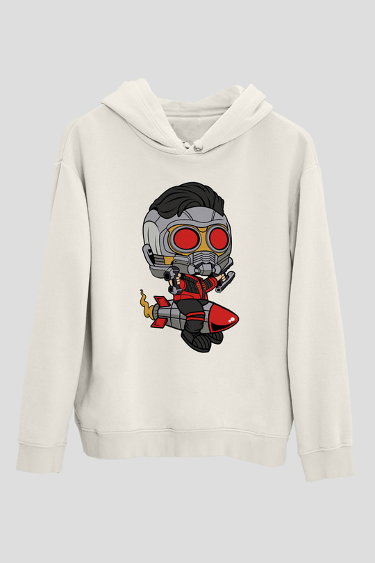 Star Lord Rocket Baskılı Beyaz Unisex Hoodie