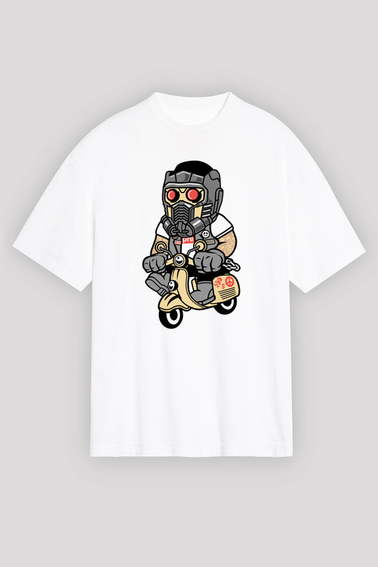 Star Lord Scooter Baskılı Beyaz Unisex Oversize Tişört