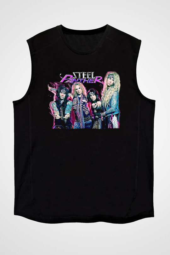 Steel Panther Baskılı Unisex Siyah Kolsuz Tişört - Tshirt