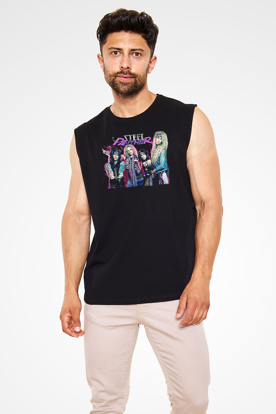 Steel Panther Baskılı Unisex Siyah Kolsuz Tişört - Tshirt