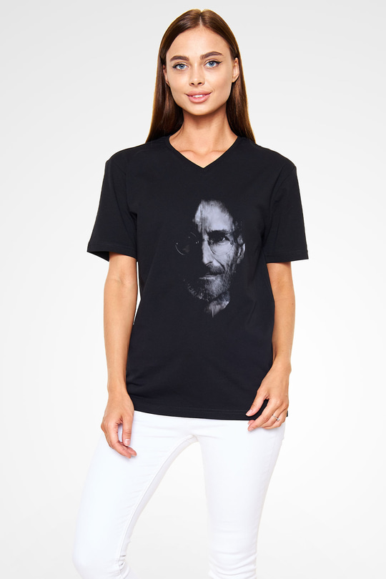 Steve Jobs Siyah Unisex V Yaka Tişört