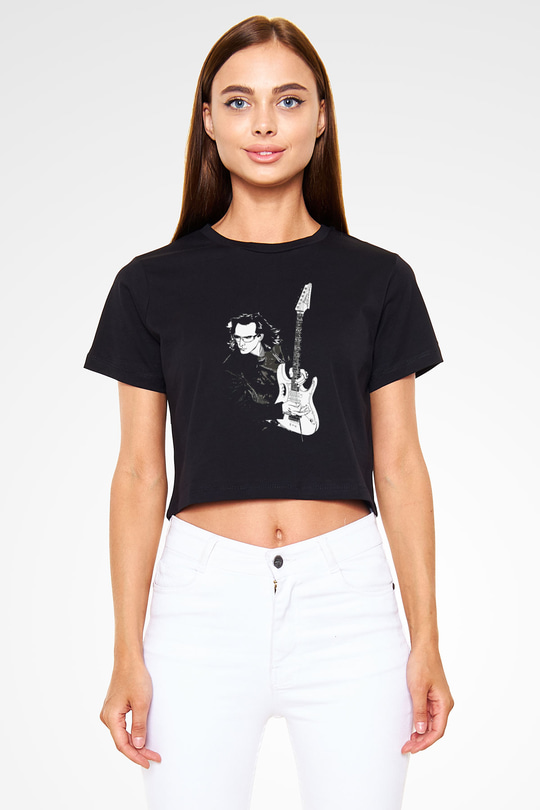 Steve Vai Baskılı Siyah Crop Top Kadın Tişört - Tshirt