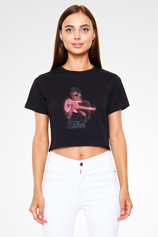 Steve Vai Baskılı Siyah Crop Top Kadın Tişört - Tshirt