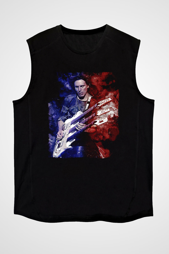 Steve Vai Baskılı Unisex Siyah Kolsuz Tişört - Tshirt
