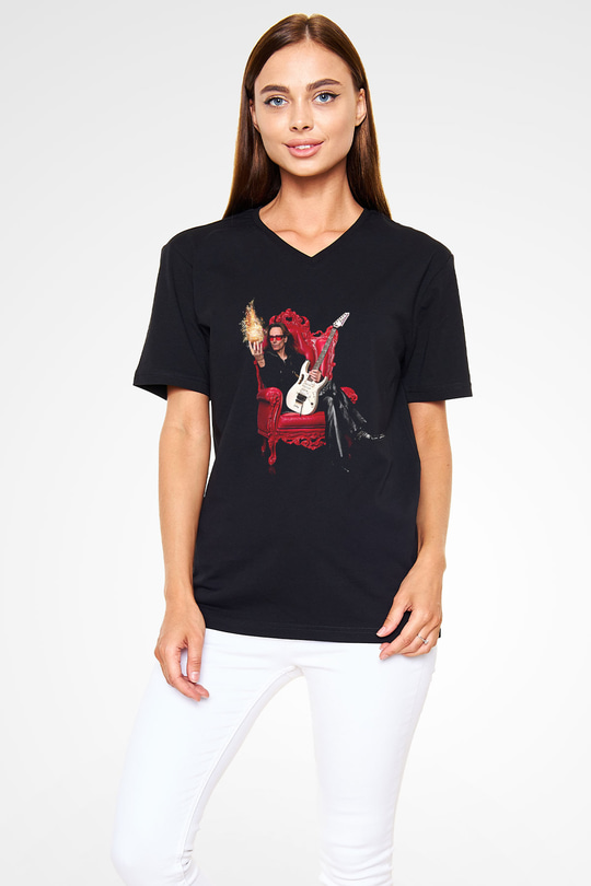 Steve Vai Baskılı Unisex Siyah V Yaka Tişört - Tshirt