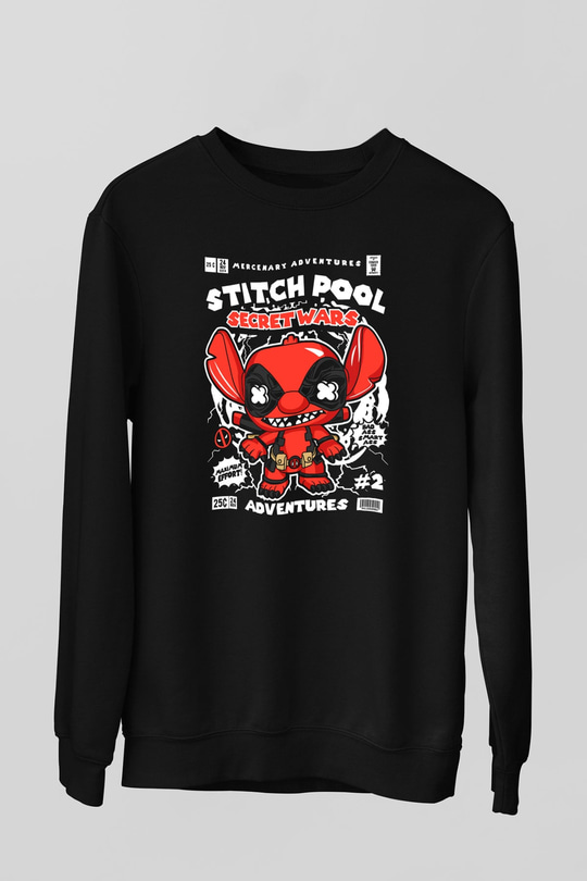 Stitch Pool Secret Wars Baskılı Unisex Siyah Sweatshirt