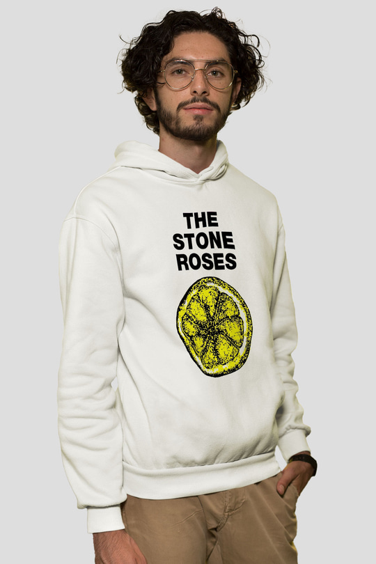 Stone Roses Baskılı Beyaz Unisex Kapüşonlu Sweatshirt