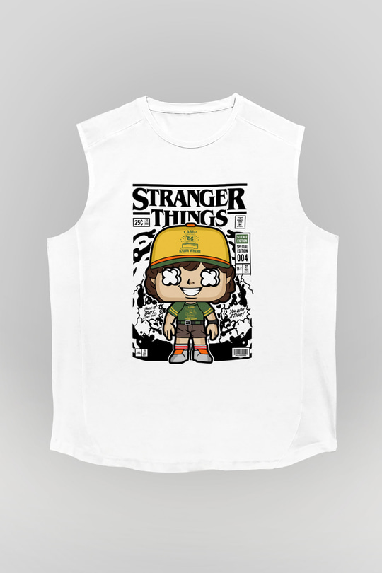 Stranger Things Baskılı Unisex Beyaz Kolsuz Tişört