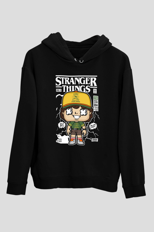 Stranger Things Baskılı Unisex Siyah Hoodie