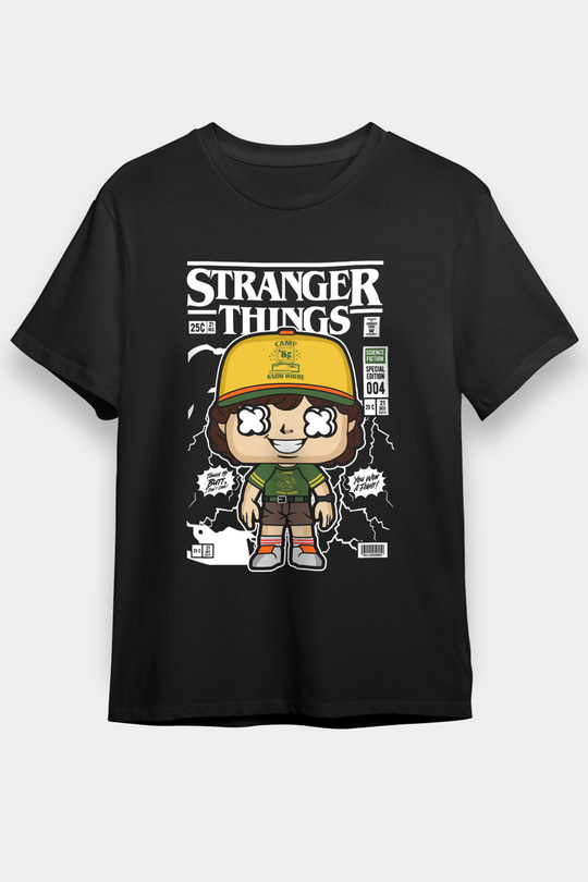 Stranger Things Baskılı Unisex Siyah Tişört