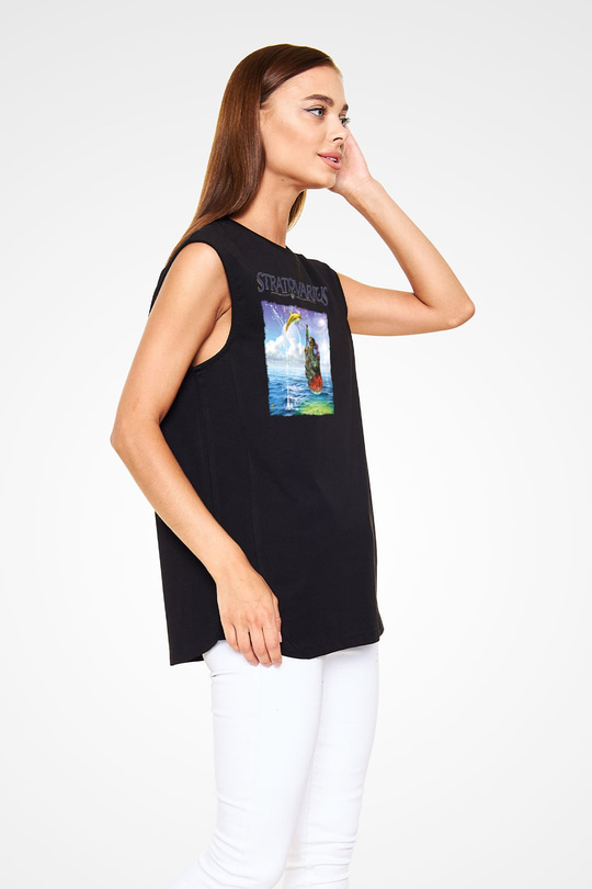 Stratovarius Baskılı Unisex Siyah Kolsuz Tişört - Tshirt