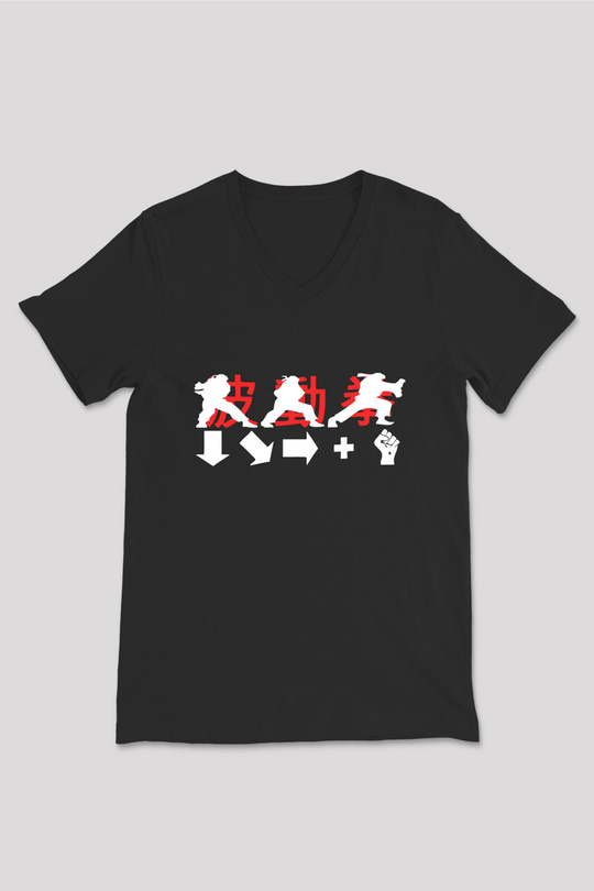 Street Fighter Siyah Unisex V Yaka Tişört