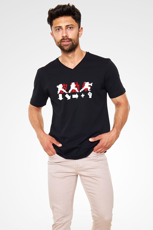 Street Fighter Siyah Unisex V Yaka Tişört