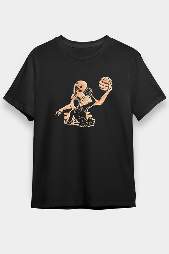 Su Topu - Water Polo Baskılı Unisex Siyah Tişört - Tshirt