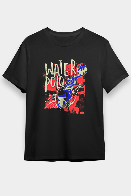 Su Topu - Water Polo Baskılı Unisex Siyah Tişört - Tshirt