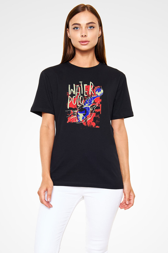 Su Topu - Water Polo Baskılı Unisex Siyah Tişört - Tshirt