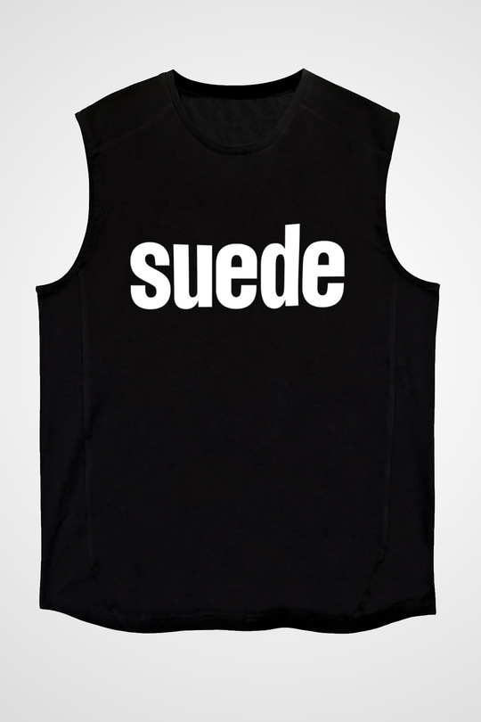 Suede Baskılı Unisex Siyah Kolsuz Tişört - Tshirt