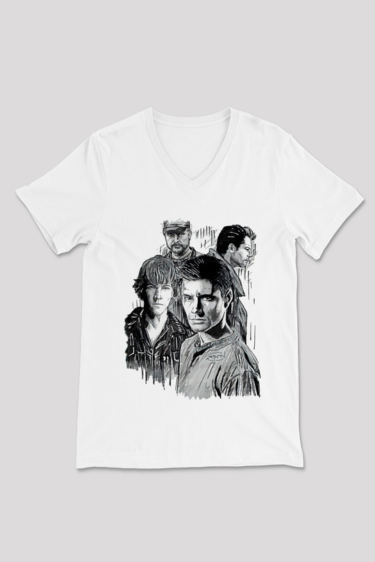 Supernatural Baskılı Beyaz Unisex V Yaka Tişört - Tshirt