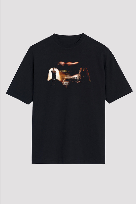 Supernatural Baskılı Unisex Siyah Oversize Tişört - Tshirt