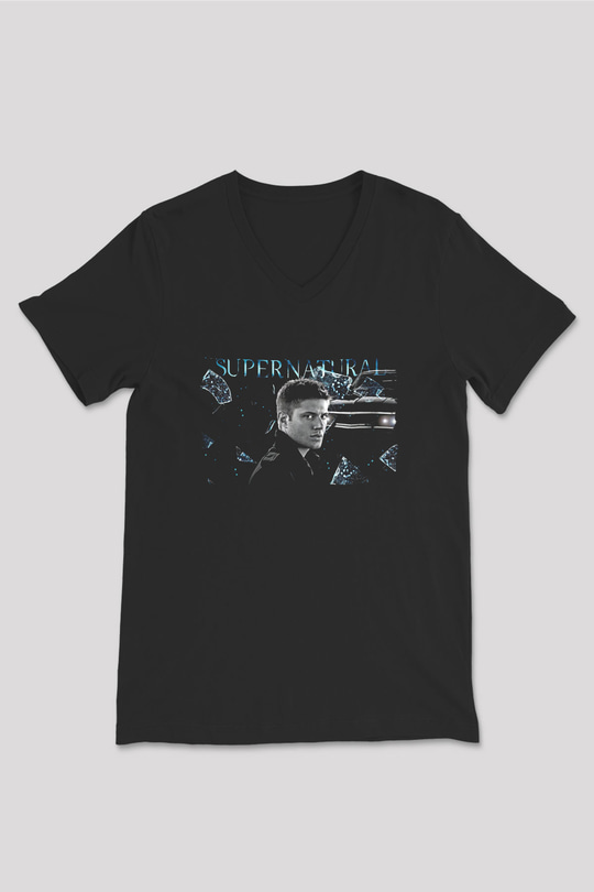 Supernatural Baskılı Unisex Siyah V Yaka Tişört - Tshirt