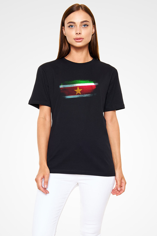 Surinam - Suriname Bayrağı Baskılı Unisex Siyah Tişört