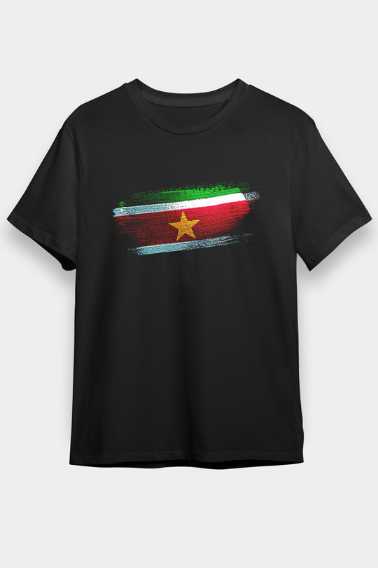 Surinam - Suriname Bayrağı Baskılı Unisex Siyah Tişört