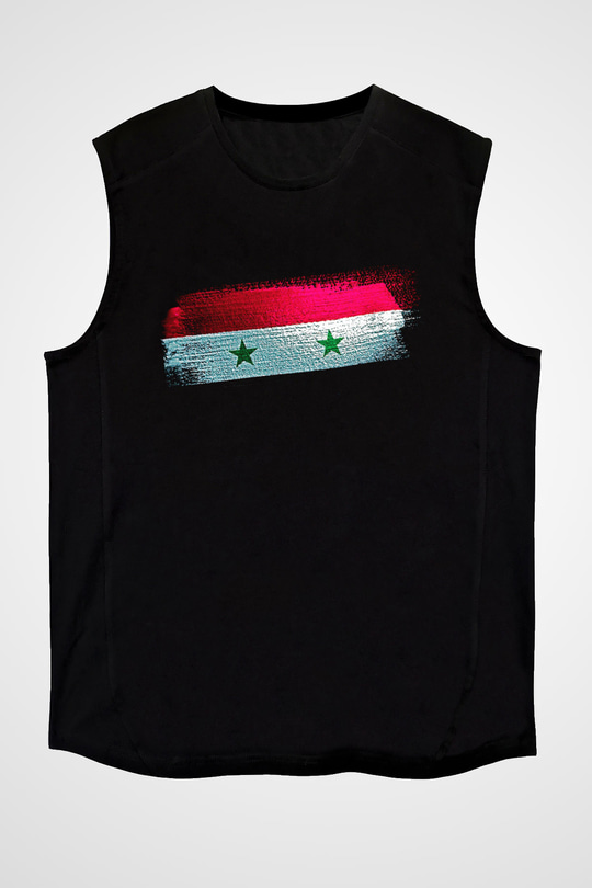 Suriye - Syria Bayrağı Baskılı Unisex Siyah Kolsuz Tişört