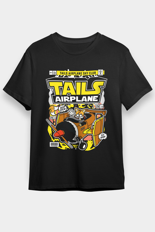 Tails Airplane Baskılı Unisex Siyah Tişört