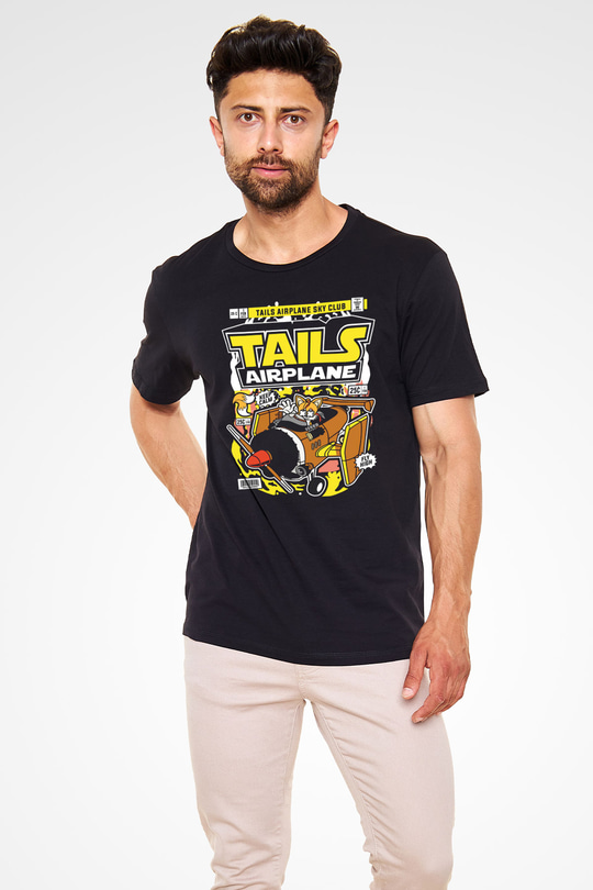 Tails Airplane Baskılı Unisex Siyah Tişört