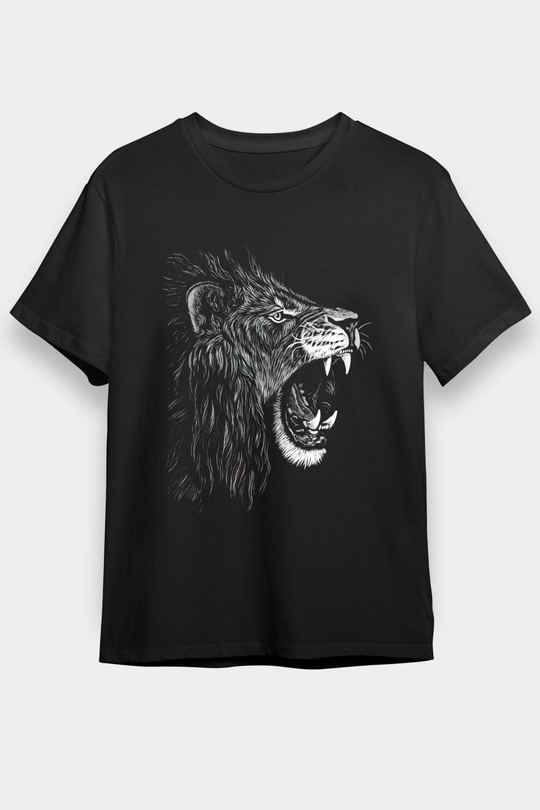 Kükreyen Aslan Baskılı Unisex Siyah Tişört