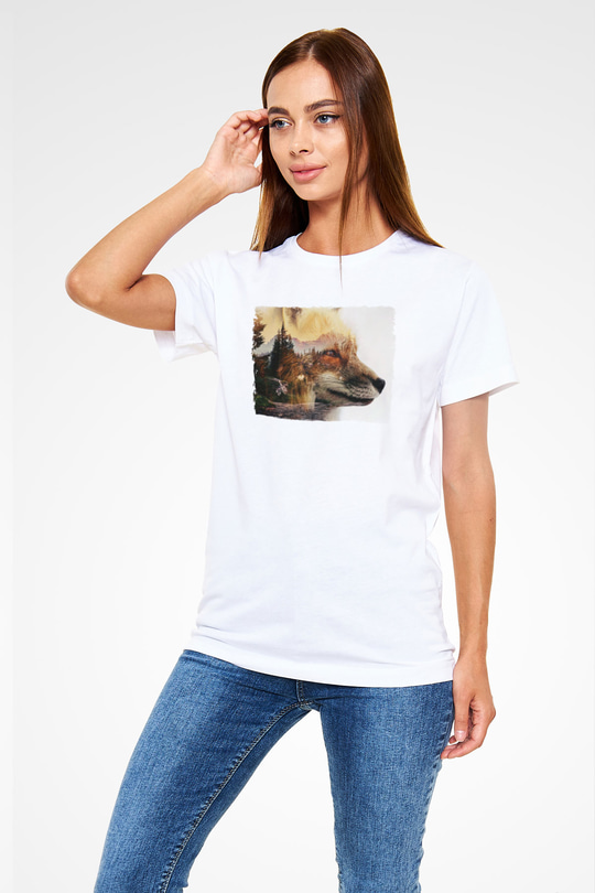 Tilki Baskılı Unisex Beyaz Tişört