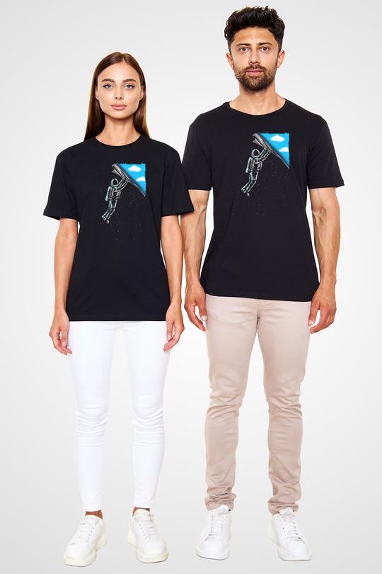 Astronot Baskılı Unisex Siyah Tişört