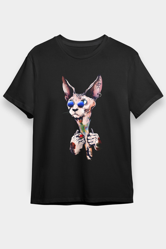 Tattoo Sfenks Kedi Baskılı Unisex Siyah Tişört