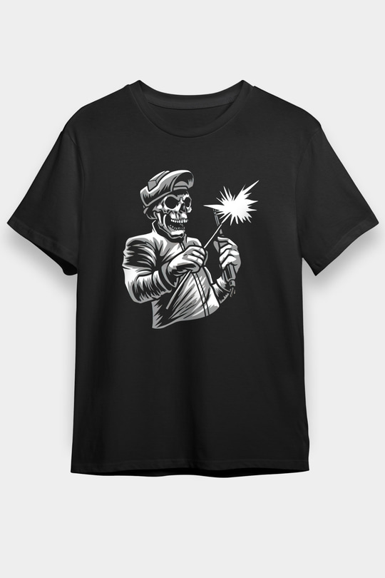 Kaynakçı İskelet Baskılı Unisex Siyah Tişört