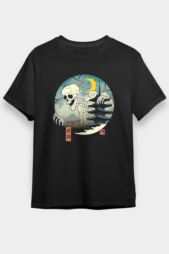 Japonya İskelet Baskılı Unisex Siyah Tişört