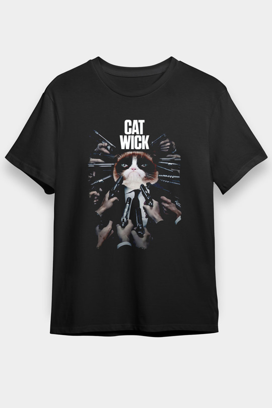 Kedi Wick Baskılı Unisex Siyah Tişört