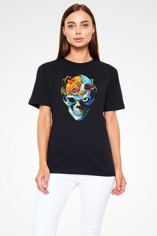 Renkli Kurukafa Baskılı Unisex Siyah Tişört