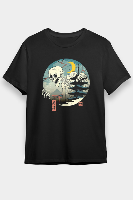 Uzakdoğulu İskelet Baskılı Siyah Unisex Tişört