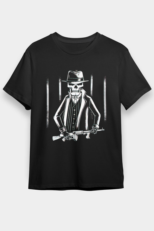 Gangster İskelet Baskılı Unisex Siyah Tişört