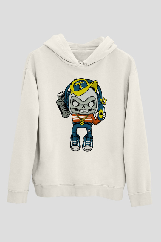 Task Master Skull Boombox Baskılı Unisex Beyaz Hoodie